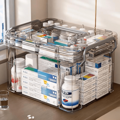 1 Caja de almacenamiento de medicamentos, caja de primeros auxilios de gran capacidad, caja de almacenamiento de emergencia para el hogar, caja de almacenamiento de medicamentos a prueba de polvo y humedad, con broches, material de plástico duradero, adecuada para el hogar, el automóvil y los viajes, es un buen almacenamiento doméstico, también se puede usar como regalo para el Día de la Madre y Pascua.