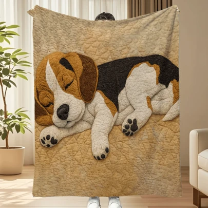 2D Embroidered Sleeping Dog Print Soft Plush Blanket, Suitable For Sofa, Bed, Office, Travel And Outdoor Camping. Available In Multiple Sizes, Ideal For Holiday Gifts And Home Decor