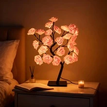 Cute  Pink LED Rose Tree Night Light, Color Changing Aesthetic Flower Lamp, USB Bedroom Desk Decor, Dreamy Room Decor Gift For Girls & Teens - 粉色 - 查看 2