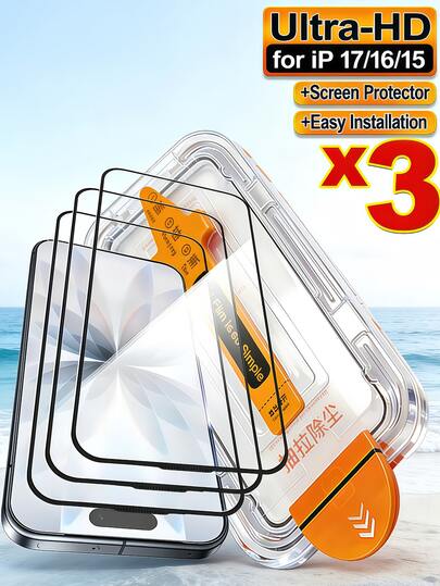 Set de 3 protectores de pantalla de vidrio templado, ultra claros, instalación sin polvo con un solo toque, compatibles con 17 16 15 14 13 12 11 Pro Max Plus Series, aleación de aluminio de alta resistencia 9H+, impresión de pantalla de seda, anti-explosión, anti-arañazos, resistente al aceite, autoadhesivo, sin burbujas, anti-polvo, fácil instalación