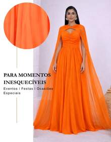 Women's Long Party Dress With Slit, Cape Sleeves, Gathered Bust And Brooch, Solid Color, Elegant, For New Year's Eve, Wedding, Bridesmaid, Graduation. - 橘色 - 查看 6