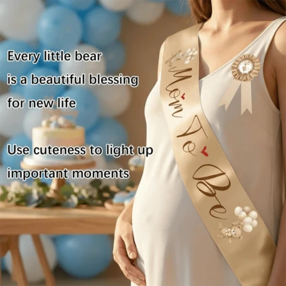 Bộ phụ kiện trang trí tiệc chủ đề bà bầu, bao gồm khăn choàng, hoa cài áo và băng đô, được trang trí bằng họa tiết gấu nâu, phù hợp cho tiệc mừng em bé sắp chào đời, họp mặt gia đình và các dịp khác, phụ kiện trang trí nghi lễ trang nhã và ấm áp.