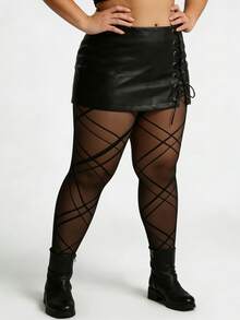 女士系带格纹条纹紧身裤 - 束腰后背格纹设计，弹力十足，时尚前卫，适合音乐节、街头风和约会之夜穿着。 - 黑色 - 查看 2