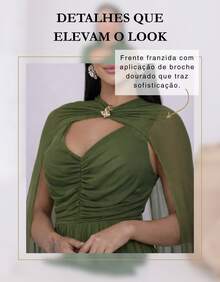Women's Long Party Dress With Slit, Cape Sleeves, Gathered Bust And Brooch, Solid Color, Elegant, For New Year's Eve, Wedding, Bridesmaid, Graduation. - 橄欖綠 - 查看 4