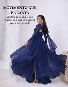 Women's Long Party Dress With Slit, Cape Sleeves, Gathered Bust And Brooch, Solid Color, Elegant, For New Year's Eve, Wedding, Bridesmaid, Graduation. - 藏蓝色 - 查看 3
