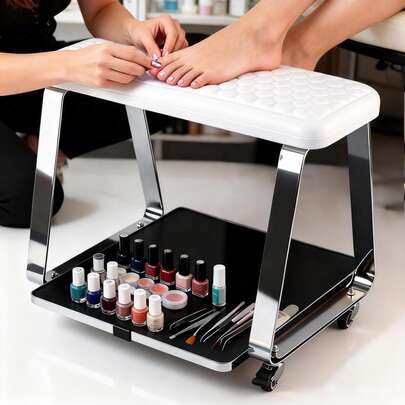 Shellovy Movable Pedicure Foot Rest Trolley Cart - Foot Bath Cart With Memory Foam Cushion, Tray & Wheels, Ideal For Beauty Salon