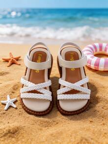 Kids Girls White Braided Crisscross Open Toe Sandals, Hook-And-Loop Ankle Strap Casual Shoes, Non-Slip Wear-Resistant Sole, Comfortable Padded Insole - White - View 9