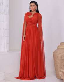 Women's Long Party Dress With Slit, Cape Sleeves, Gathered Bust And Brooch, Solid Color, Elegant, For New Year's Eve, Wedding, Bridesmaid, Graduation. - 紅陶 - 查看 1
