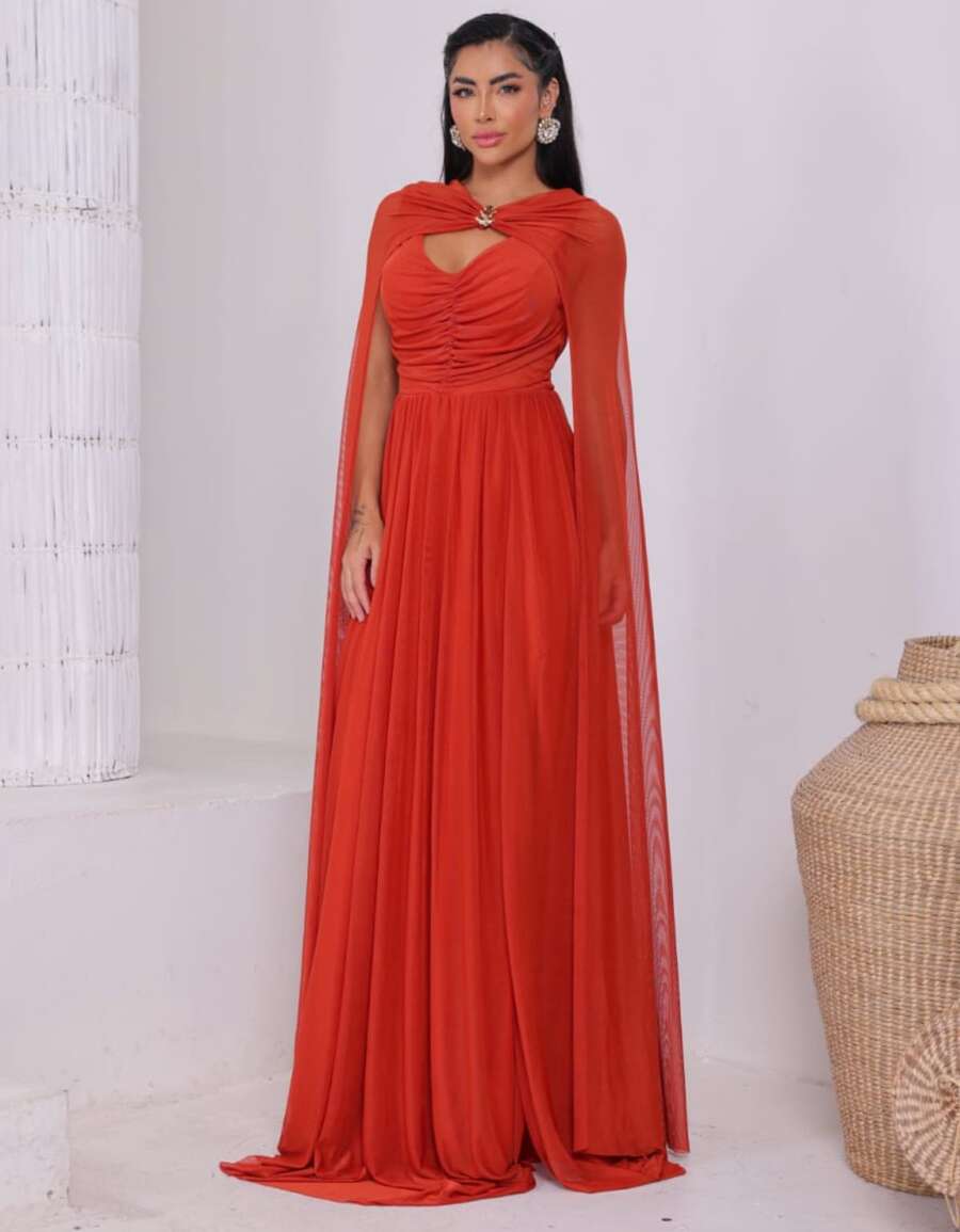 Women's Long Party Dress With Slit, Cape Sleeves, Gathered Bust And Brooch, Solid Color, Elegant, For New Year's Eve, Wedding, Bridesmaid, Graduation. - 紅陶 - 查看 1