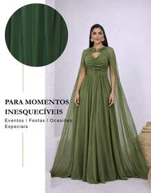 Women's Long Party Dress With Slit, Cape Sleeves, Gathered Bust And Brooch, Solid Color, Elegant, For New Year's Eve, Wedding, Bridesmaid, Graduation. - 橄欖綠 - 查看 5