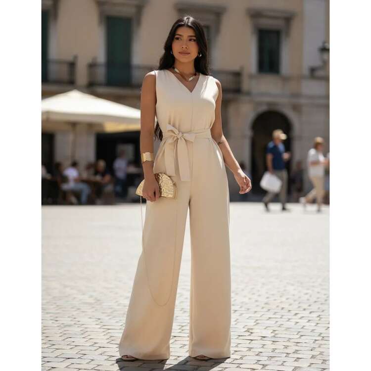Women's Jumpsuit Roman Pantaloons Tie-Up Elegant Chic Simple Pocket Knot With Belt - Màu be - Xem 7