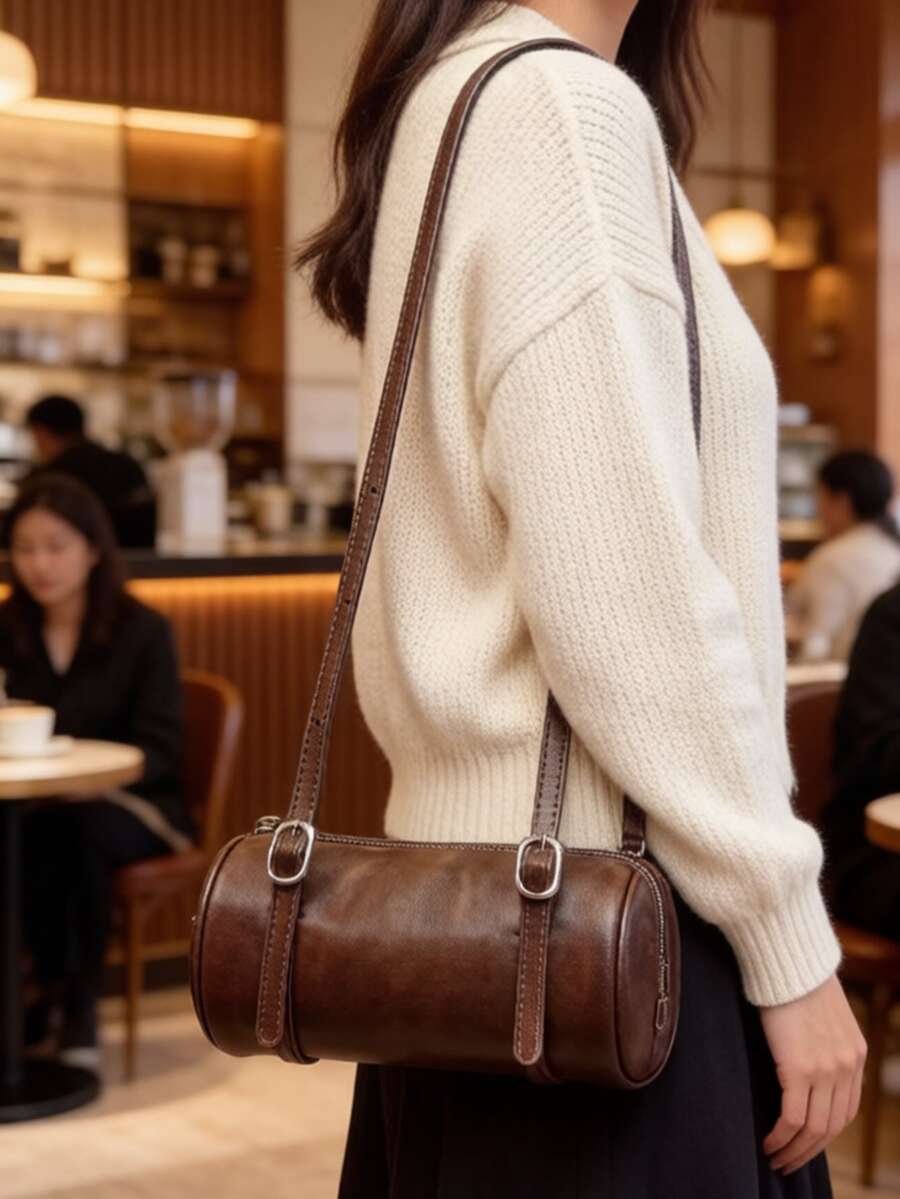 Túi xách hình trụ màu cà phê cổ điển, hàng mới về, thanh lịch, thời trang, đa năng, túi đeo vai tiện dụng cho công sở, có ngăn đựng điện thoại và tiền xu dành cho nữ.