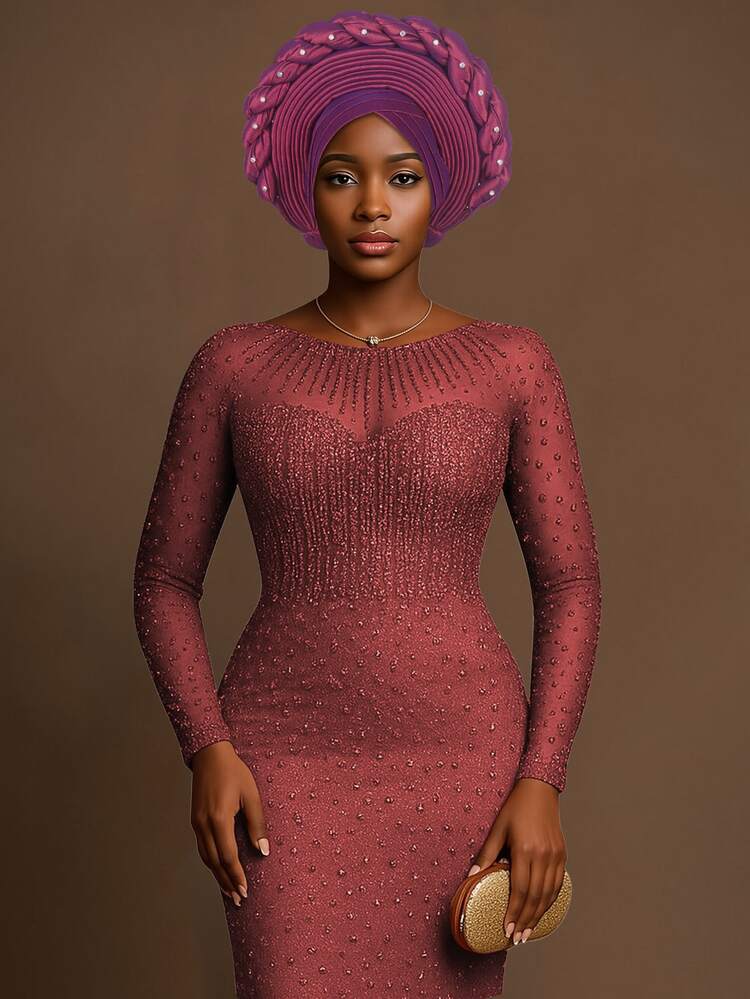 1 chiếc khăn turban tết kiểu Gele Nigeria, chất liệu satin đính ngọc trai, phụ kiện đội đầu thanh lịch cho tiệc tùng, đám cưới và sử dụng hàng ngày. - A - Xem 8