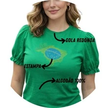 Women's Brazil Green T-Shirt With Shiny Rhinestones And A Stylish Map Of Brazil Print - 巴西綠色地圖上的水鑽 - 查看 2