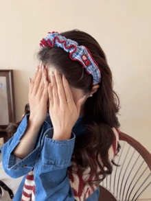 1件蓝白格子红色滚边荷叶边发箍，春夏校园风发饰，适合多种发型 - 彩色 - 查看 4