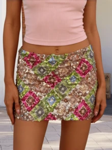 Women's Sexy Sequin Mini Skirt Y2k Color Block Sequin Embellished Sparkly Bodycon Short Skirt Glitter Pencil Skirt Night Club Rave Party Outfit Beach Vaction Streetwear - màu xanh lá - Xem 2