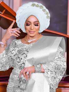 1pc Royal Blue Satin Braided Gele Turban For Women, Rhinestone Embellished African Headwrap For Wedding & Party Occasions - A - 查看 13