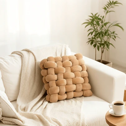 1 Vỏ gối trang trí hình vuông bằng polyester thắt nút, thích hợp cho phòng khách, phòng ngủ và không gian ấm cúng.