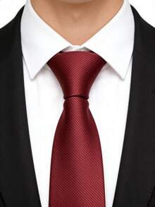 1条男士纯色酒红色条纹轻薄领带，适合商务、宴会和日常穿着 - 酒紅色 - 查看 5