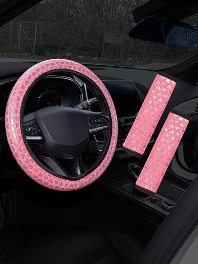 Leather Textured With Concave Convex Texture, Colorful Heart, Gradient Heart, Valentine's Day Series, Car Steering Wheel Protection Cover And Seat Belt Shoulder Protection, Safety Belt, All Season Universal Anti Slip And Wear-Resistant