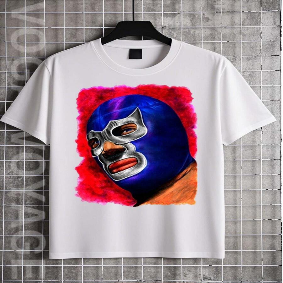Camisetas para hombres, Camisetas de hombre, Ropa para hombres, Camisetas para hombres, Ropa, Camiseta de lucha libre 180G blanca y negra, Estampa de luchador mexicano, Impresión de alta calidad, Cuello redondo, Talla holgada básica, para hombres y mujeres, Transpirable, Versátil, Lavable en máquina, ¿Cómo? O, Talla S ~ 3XL, Diario, Casual, Deportes, Esencial para el verano. - Multicolor - Ver 1