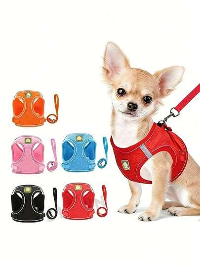 1PC New Comfortable And Reflective Strip Pet Dog Harness Set, Mesh Vest With Leash, Special For Outdoor Dog Walking, Multiple Colors And Sizes Available, Universal For Cats And Dogs