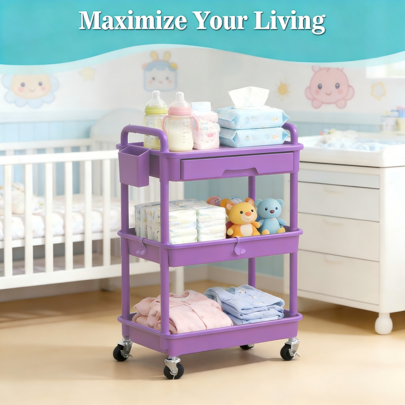 3 Tier Rolling Cart With Drawer, Bathroom Storage Organizer With 2 Lockable Wheels, Multifunctional Rolling Storage Cart For Bathroom, Kitchen, Office, Craft, Makeup, Baby Essentials, White