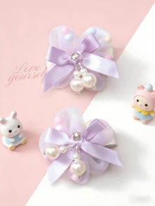 2pcs/Set Ethereal Purple Pearl Bow Side Clip, Sweet Headwear Hair Clip - Purple - View 5