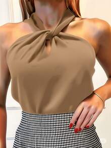 Duna Women's Halter Top, Elegant Wrap Collar, Stylish Summer Tank Top - 深米色 - 查看 1