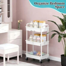 3 Tier Rolling Cart With Drawer, Bathroom Storage Organizer With 2 Lockable Wheels, Multifunctional Rolling Storage Cart For Bathroom, Kitchen, Office, Craft, Makeup, Baby Essentials, White - 白色 - 查看 7