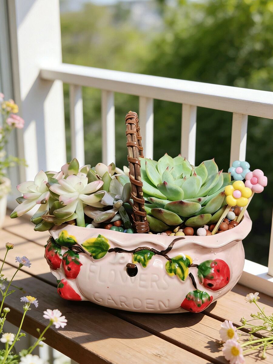 草莓手绘花盆，大直径，可爱有趣的草莓彩绘风格卡通创意陶瓷花盆，春季花盆，阳台装饰，萌趣花盆，超萌植物盆，适合花园/卧室/窗台/酒店/书桌/餐桌装饰，节日装饰，复活节礼物，复活节装饰品，精美礼品，可爱单品