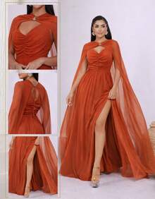 Women's Long Party Dress With Slit, Cape Sleeves, Gathered Bust And Brooch, Solid Color, Elegant, For New Year's Eve, Wedding, Bridesmaid, Graduation. - 紅陶 - 查看 5