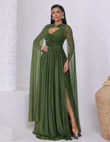 Women's Long Party Dress With Slit, Cape Sleeves, Gathered Bust And Brooch, Solid Color, Elegant, For New Year's Eve, Wedding, Bridesmaid, Graduation. - 橄欖綠 - 查看 1