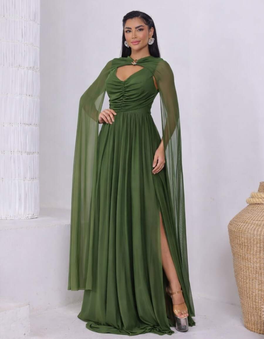 Women's Long Party Dress With Slit, Cape Sleeves, Gathered Bust And Brooch, Solid Color, Elegant, For New Year's Eve, Wedding, Bridesmaid, Graduation. - 橄欖綠 - 查看 1