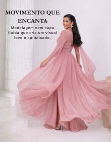 Women's Long Party Dress With Slit, Cape Sleeves, Gathered Bust And Brooch, Solid Color, Elegant, For New Year's Eve, Wedding, Bridesmaid, Graduation. - 乾枯玫瑰色 - 查看 7
