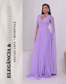 Women's Long Party Dress With Slit, Cape Sleeves, Gathered Bust And Brooch, Solid Color, Elegant, For New Year's Eve, Wedding, Bridesmaid, Graduation. - 紫丁香 - 查看 2