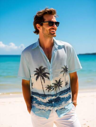 男士夏威夷风情热带印花沙滩度假衬衫