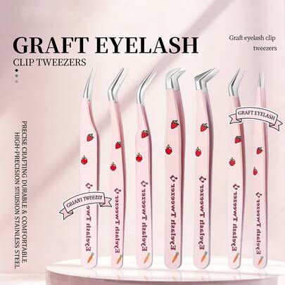 QIAO Juego de pinzas para pestañas con diseño de fresa, pinzas de acero inoxidable de precisión para extensiones de pestañas, arte de uñas y manualidades, kit de pinzas profesionales antiestáticas