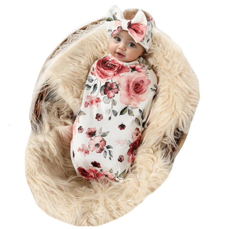 Receiving Blanket Headband Set Flower Print Baby Swaddle Blankets - 彩色 - 查看 1
