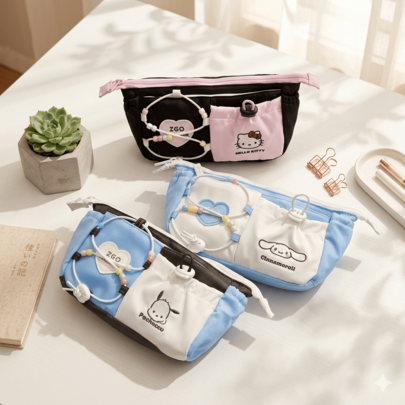  【SANRIO系列畅销款】1个随机SANRIO串珠束口袋 - 可爱动漫人物大容量束口袋，化妆包，耐用大容量文具包，SANRIO粉丝必备礼物