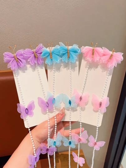 2pcs Butterfly Braided Hair Chain Hair Clips, Princess Style Tassel Chain Hair Accessories