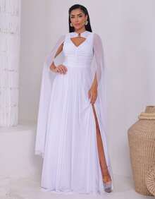 Women's Long Party Dress With Slit, Cape Sleeves, Gathered Bust And Brooch, Solid Color, Elegant, For New Year's Eve, Wedding, Bridesmaid, Graduation. - 白色 - 查看 1