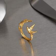 极简时尚和平鸽开口戒指，18K镀金不锈钢材质，百搭优雅女士饰品 - 金色 - 查看 4