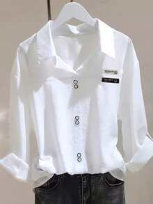 Blusa de manga larga con cuello de camisa, botones delanteros y ajuste regular, de color blanco tejido, para primavera - Blanco - Ver 1