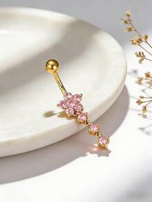 1 pieza Anillo de perforación del ombligo con flor de cristal doble y planta - oro rosa - Ver 3