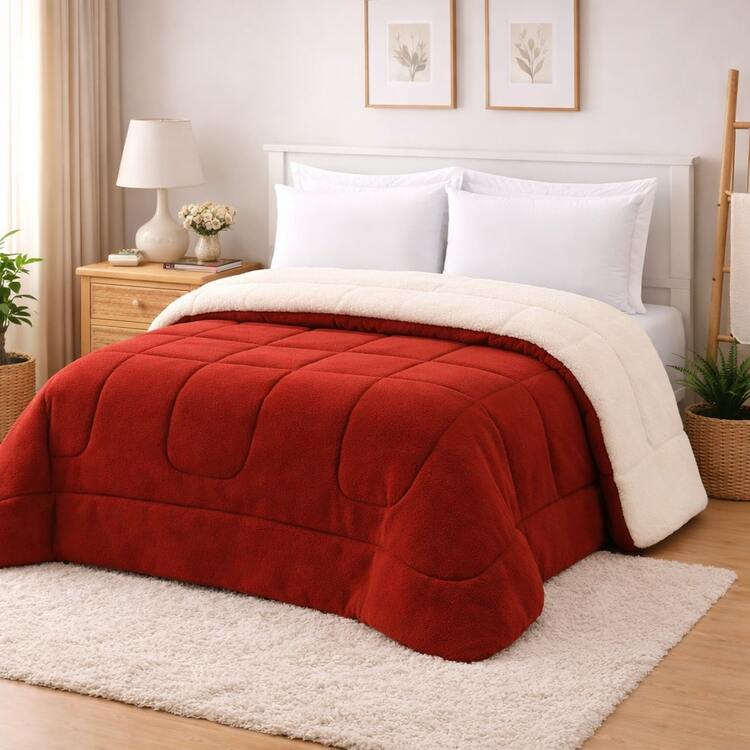 Queen Size Bedspread With Soft And Sherpa Double-Sided Plush Premium Blanket In Solid Colors - Đỏ - Xem 1