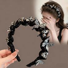 1件装奢华水钻蝴蝶发箍、镶钻发梳、高冠发夹、星光水晶发圈、防滑植绒发箍 - 彩色 - 查看 6