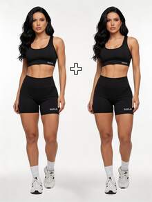 Kit Of 2: Top And Shorts Set, High-Waisted Shaping Gym Fashion For Women - 黑色/黑色 - 查看 7