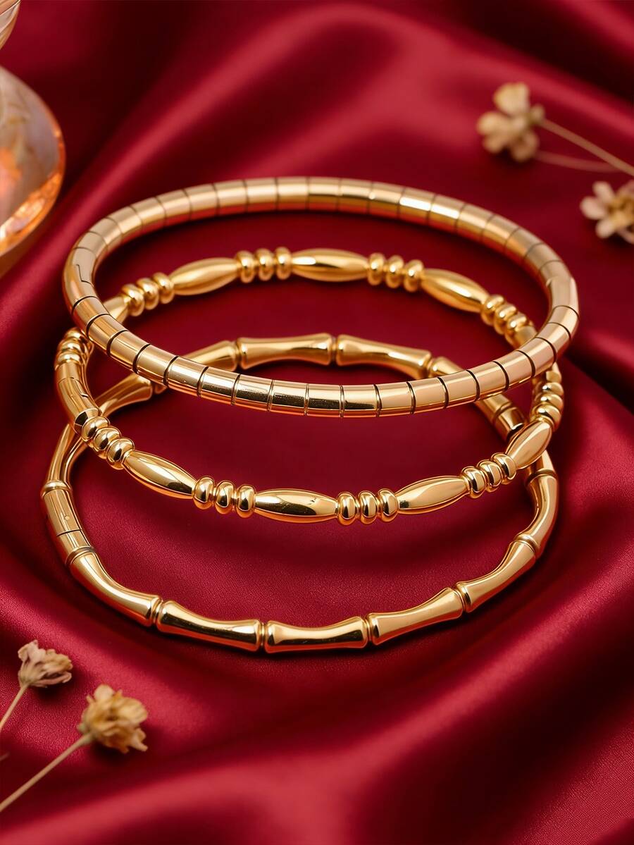 3/1pc - Light Luxury Stainless Steel Bamboo Bangle With Three-Dimensional Bamboo Texture Design, Symbolizing A Sense Of Advancement And Luxury. Stacked And Versatile For Commuting Without Fading, Giving Gifts To Elders And Girlfriends - Gold - View 1