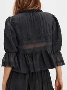 Womens Cropped Pants Loose Mid Rise Patchwork Lace Lantern Trousers Casual Streetwear - Black Top - View 2